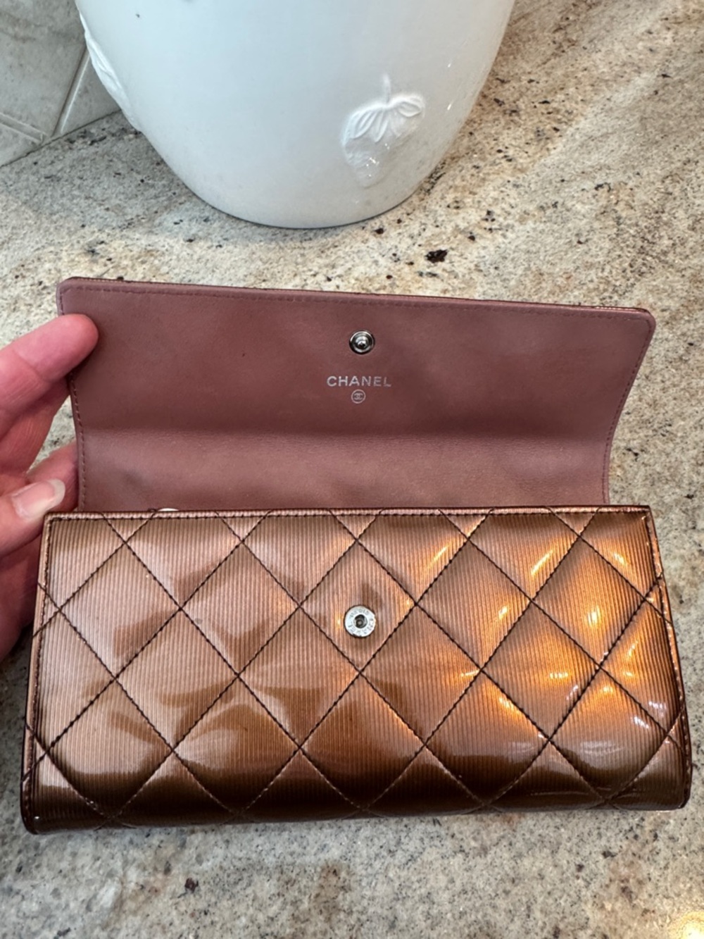 CHANEL Quilted Patent Leather Continental Wallet - Bronze Brown - Picture 6 of 11